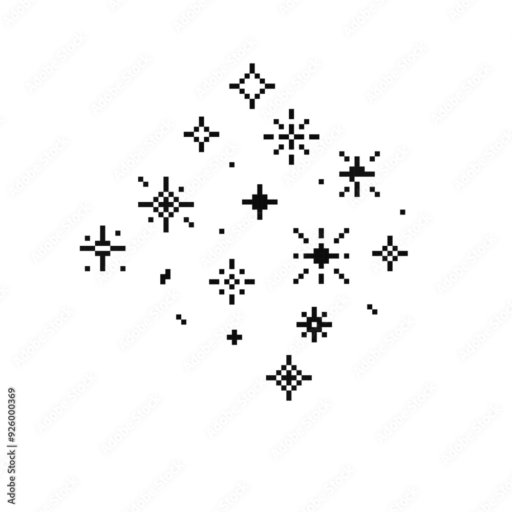 Poster pixel star retro 8 bit sparkle set. shiny game pixel art effect set. firework burst, space decoratio