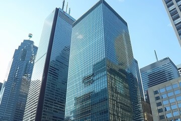 Fototapeta premium A view of tall business skyscrapers in the financial district showcasing modern architecture and cityscape in the bustling downtown area. The scene reflects the big metropolis in the city.