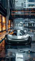 Fototapeta premium Futuristic Concept Car in Urban Setting with Innovative Design Elements and Metallic Silver Finish