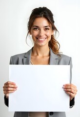 Naklejka premium Professional Woman Holding Blank Sign in Business Attire for Customizable Corporate Message or Branding