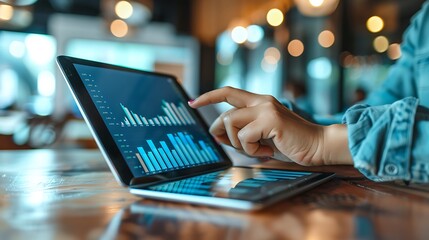 Businessman analyzing a chart displaying gold and cryptocurrency price trends on a digital tablet 