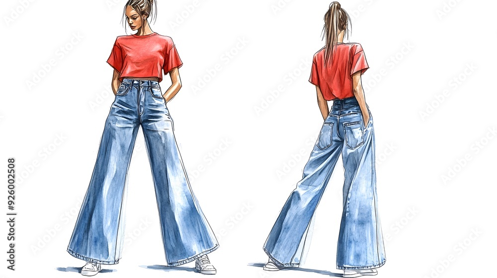 Wall mural A girl wearing blue wide-leg jeans and a red T-shirt, fashion illustration sketch