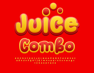 Vector funny label Juice Combo. Yellow and Red Bright Font. Creative handwritten Alphabet Letters and Numbers set.