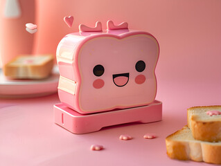 cute and happy toast character. cute and happy toast character with a smiling face The toast is isolated on a pink background. Pink toaster.