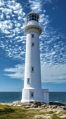 Lighthouse against a backdrop of vibrant blue sky and wispy clouds by the ocean, standing on rocky terrain.