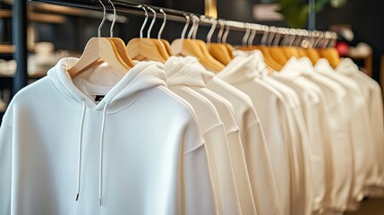 Obraz premium Blank white hoodies on hangers. Perfect for showcasing your designs or branding.