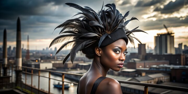 -edgy moody derby fascinator with bold black feathers on dark-skinned model against industrial cityscape with shallow depth of field