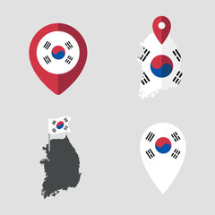 South Korea map pointer icons set, flag of Republic of Korea
