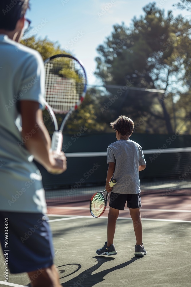 Wall mural Child Tennis Practice with Coach on Sunlit Court - Educational, Supportive Sports Training