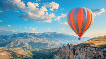 hot air balloon in the sky over the mountain landscape, place for nature travel, real photo, banner background with scenic view