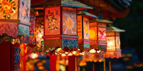 Naklejka premium Close-up of vibrant festival decorations with lanterns and banners, capturing the color and excitement of cultural celebrations