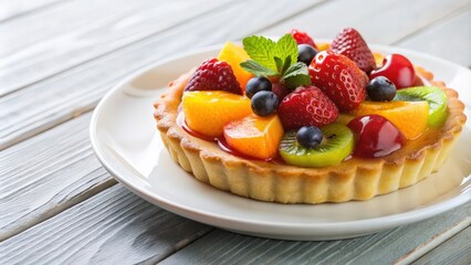 Delicious and colorful fruit tart on a white plate , dessert, pastries, bakery, sweet, fresh, delicious, tartlet, berries