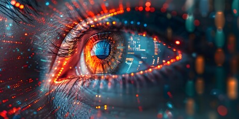 Intense Digital Eye Closeup with Futuristic Surveillance Technology Interfaces and Virtual Code