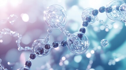 Cosmetic Essence, Liquid bubble, Molecule inside Liquid Bubble on DNA water splash background. Generative ai