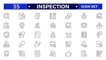 Inspection web icons set in thin line design. Pack of inspection, hire, calculation money, coaching, protection, cooperation, success, task, other outline stroke pictograms.