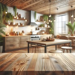 Fototapeta premium Wooden Tabletop in Modern Rustic Kitchen with Blurred Background
