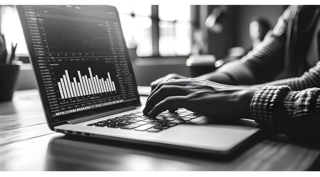 Black and White Photo of Hands Typing on a Laptop with a Graph on the Screen