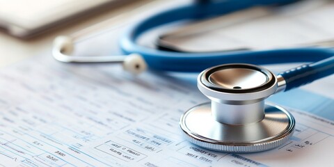 Close-up of a stethoscope on a medical chart, emphasizing the professionalism and care involved in medical health assessments