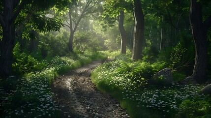 Obraz premium A tranquil nature scene with a winding path through a lush forest, symbolizing the connection between wellness and the outdoors. 8k UHD, suitable for high-quality printing or digital display. 