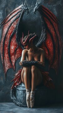 Scary looking woman sitting inside her gargoyle wings