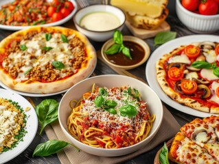 A delicious spread of Italian dishes including pasta, pizza, and fresh ingredients.