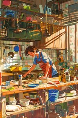 Obraz premium Young Woman Prepares Meal in Bright, Plant-Filled Kitchen with Modern Decor for Spring