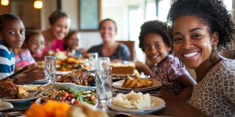 Detailed view of a family meal with shared dishes and laughter, highlighting the joy and connection experienced during communal dining