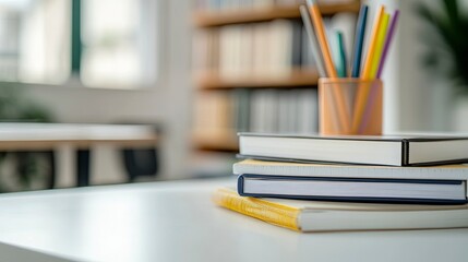 Cropped shot of white table with books, stationery and copy space in blurred study room. generative ai