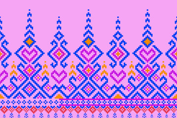 Traditional cross stitch needlework Geometric ethnic pattern . pixel horizontal Seamless vector Native ethnic pattern cross stitch border fabric clothing textile knitwear print texture