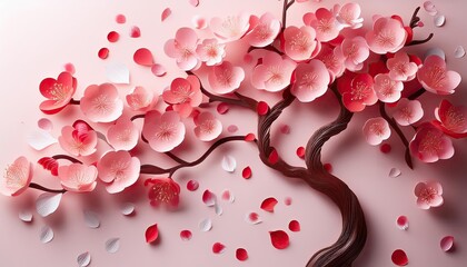 Cherry blossom,  Elegant 3D Paper Art of a Blossoming Cherry Tree with Falling Petals and vibrant Spring Pink and Red Tones on a Soft Background