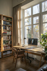 Bright Home Office Setup with Desk, Computer, Bookshelves, and Large Windows - Ideal for Remote Work