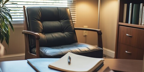 Detailed view of a therapistG??s office with a comfortable chair and notepad, highlighting the supportive environment for mental health discussions