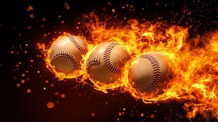 Flying baseball in flames on black background,Hot baseball ball in fires flame,Closeup Baseball player hitting ball with bat,home run,baseball field with grandstand,sport day,space for text.