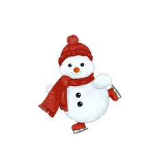 Christmas snowman in knitted red hat with pompom and long scarf skating color digital watercolor illustration for printing and web use