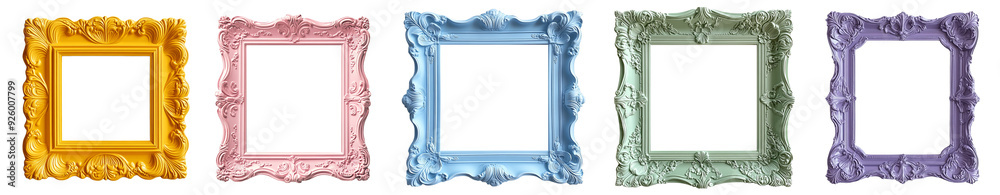 Wall mural ornate picture frames in bright colors with intricate details vintage style transparent background