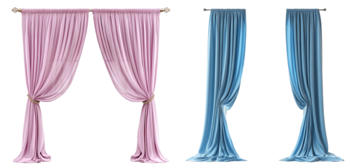 Draped curtains in pastel blue and pink soft fabric elegant window treatment transparent background