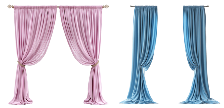 Draped curtains in pastel blue and pink soft fabric elegant window treatment transparent background