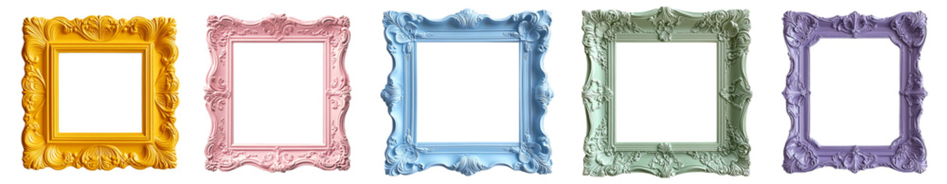 Ornate picture frames in bright colors with intricate details vintage style transparent background