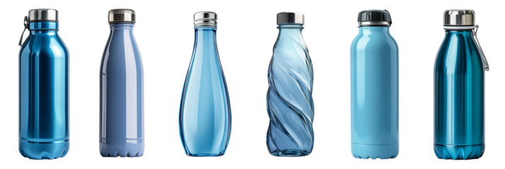 Assorted blue water bottles in various designs modern hydration containers transparent background