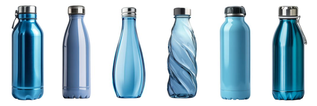 Assorted blue water bottles in various designs modern hydration containers transparent background