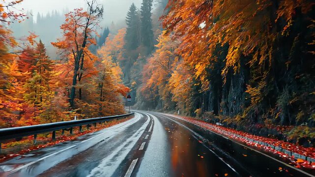 driving on the motorway on a dark moody day with autumn colorful leaves, road, travel, asphalt, highway, car, mountain, fog, transportation, nature, forest, traffic