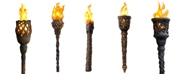 Ornate flaming torches in medieval style detailed and decorative lighting transparent background