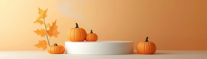 A serene autumn scene featuring vibrant orange pumpkins and a golden leaf on a minimalistic white pedestal against an orange backdrop.