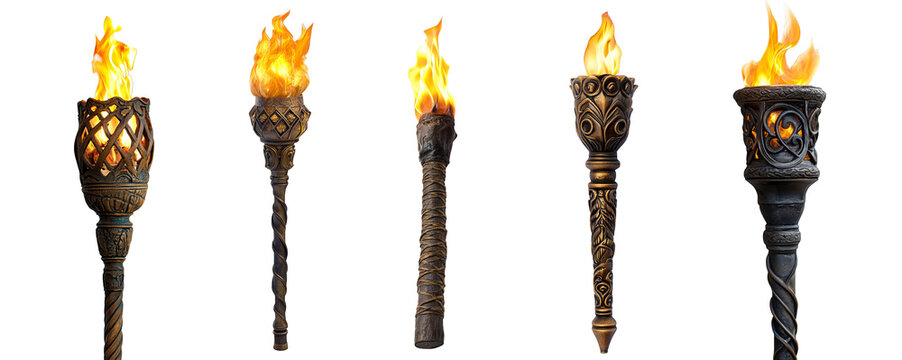 Ornate flaming torches in medieval style detailed and decorative lighting transparent background