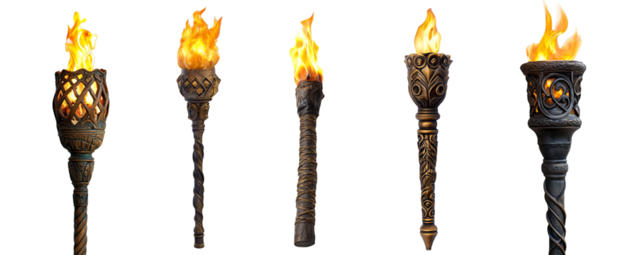 Ornate flaming torches in medieval style detailed and decorative lighting transparent background