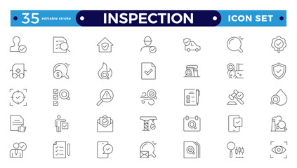 Inspection web icons set in thin line design. Pack of inspection, hire, calculation money, coaching, protection, cooperation, success, task, and other Editable stroke outline icons.  pictograms. 
