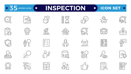 Inspection web icons set in thin line design. Pack of inspection, hire, calculation money, coaching, protection, cooperation, success, task, and other Editable stroke outline icons.  pictograms. 
