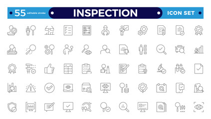 Inspection web icons set in thin line design. Pack of inspection, hire, calculation money, coaching, protection, cooperation, success, task, and other Editable stroke outline icons.  pictograms. 

