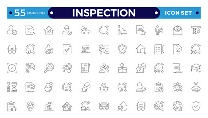 Inspection web icons set in thin line design. Pack of inspection, hire, calculation money, coaching, protection, cooperation, success, task, and other Editable stroke outline icons.  pictograms. 
