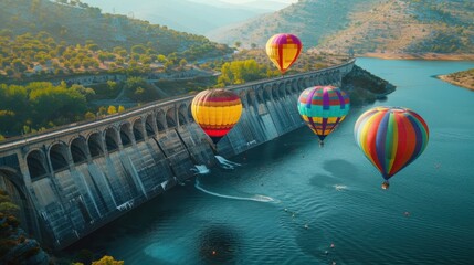 Obraz premium Colorful hot air balloons floating above a dam